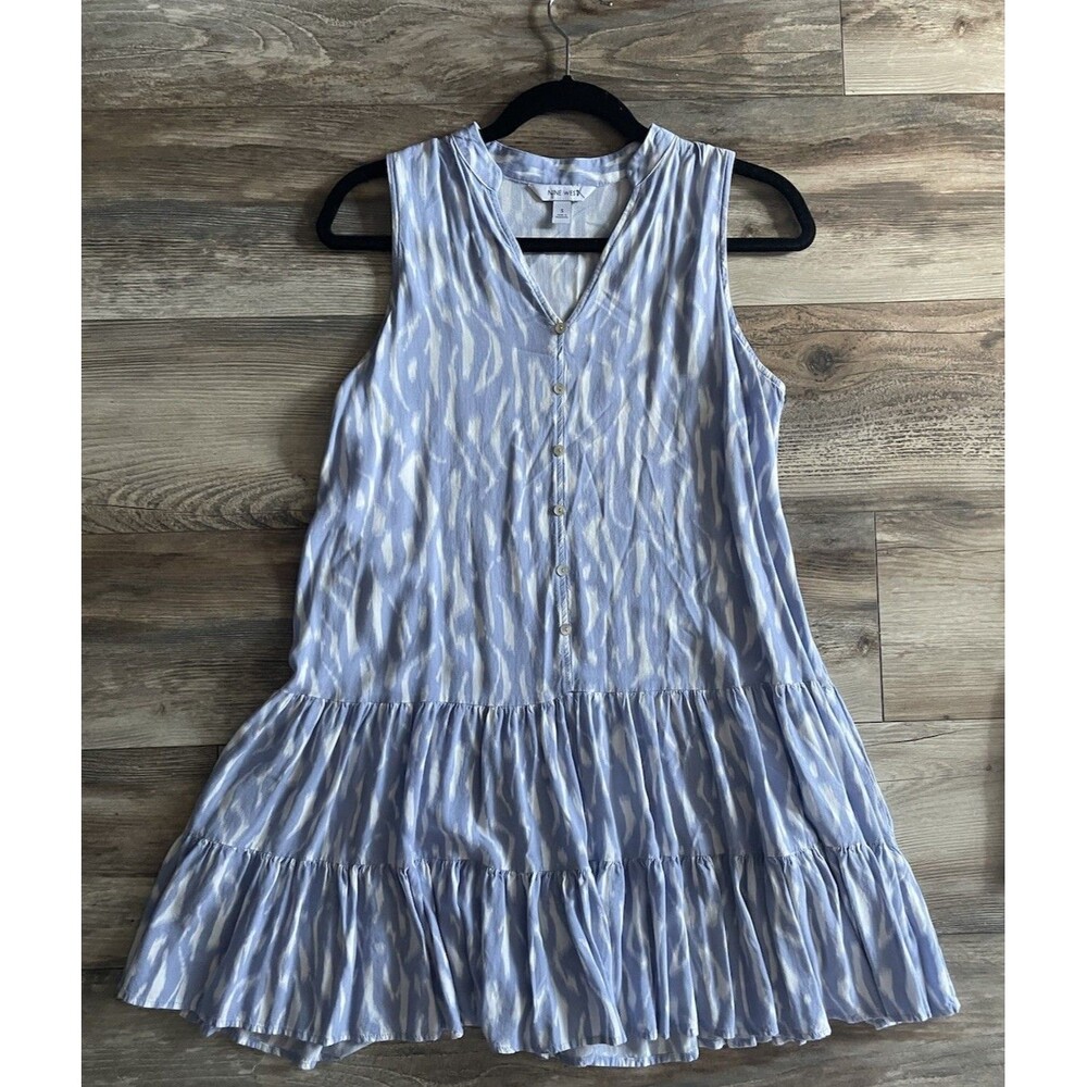 Nine West Women Lavender White Print Button Front Ruffle Hem Mini Dress Small